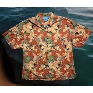 Bermuda Bay Floral Parrot Bird Hawaiian Silk Aloha Shirt Size 2XL XXL Tropical